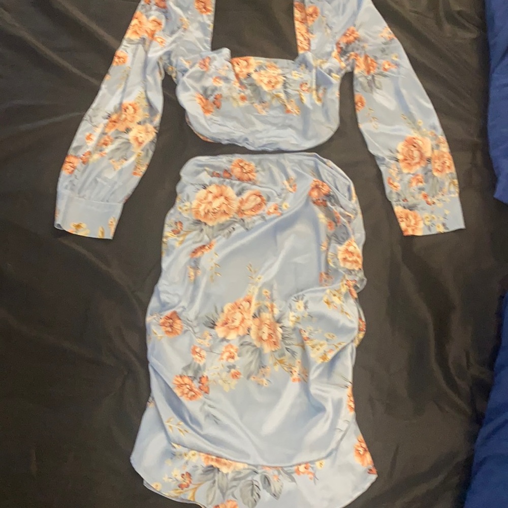 A 2 piece skirt set baby blue with coral roses